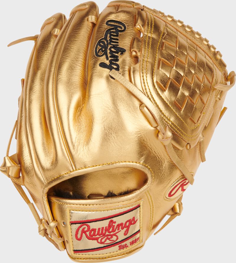 Gold back of a Rawlings Gold Glove Award Authentic Replica Glove with a gold Rawlings patch